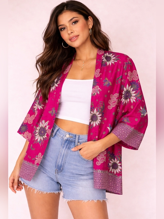 Source Unknown Tops - 100% Silk Bright Fuchsia Floral Kimono Jacket, Size XS